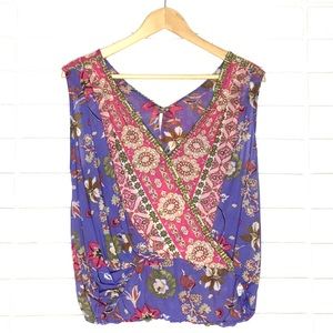 Free People Floral V-Neck Tank - Purple and Pink